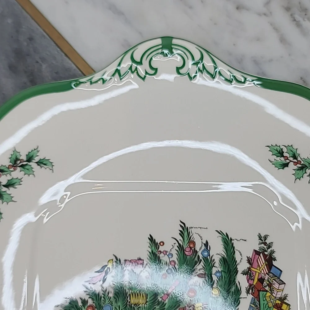 Spode Christmas Tree Vintage Collectible Ceramic Handled Square Cake Plate